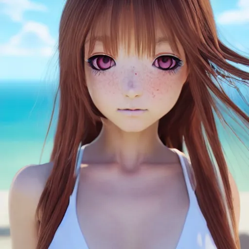 Image similar to Render of a very beautiful 3d anime girl, long hair, hazel eyes, cute freckles, full round face, short smile, cute sundress, silver tone, serene beach setting, medium shot, mid-shot, highly detailed, trending on Artstation, Unreal Engine 4k