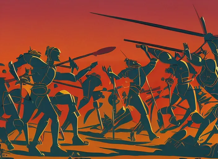 Image similar to trojan warriors in battle versus the us army in the style of artist eyvind earle