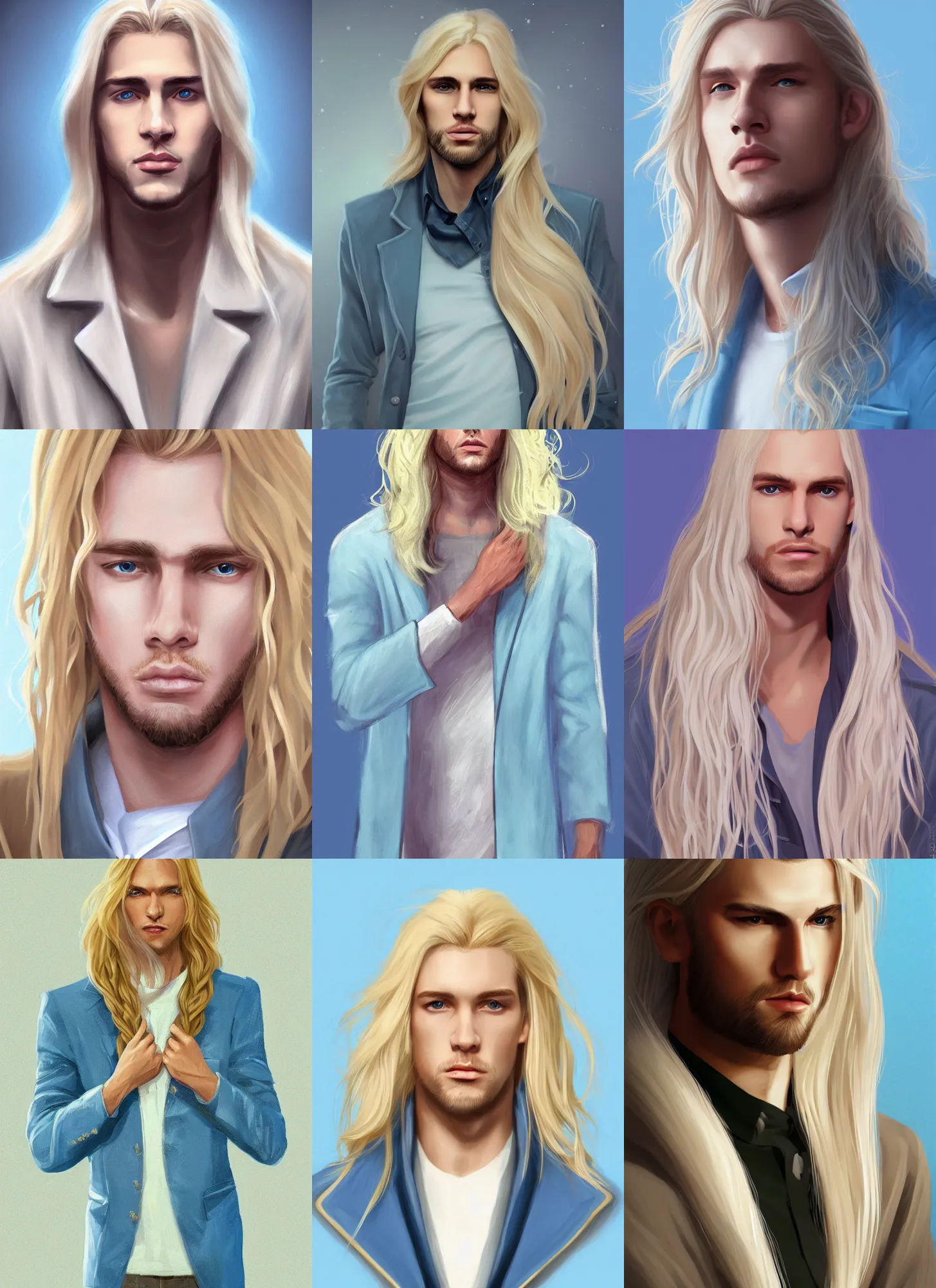 Prompt: portrait of a young white man with very long blond hair wearing a beige jacket, very handsome, light blue background, digital painting, artstation, beautiful