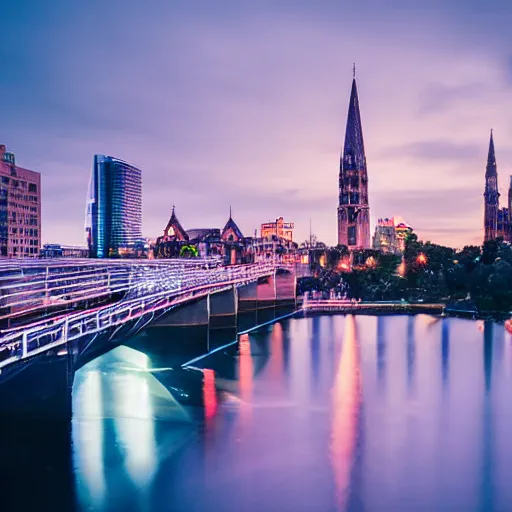 Prompt: A beautiful computer art of a cityscape with tall spires and delicate bridges. by Sou Fujimoto Sigma 85mm f/1.4