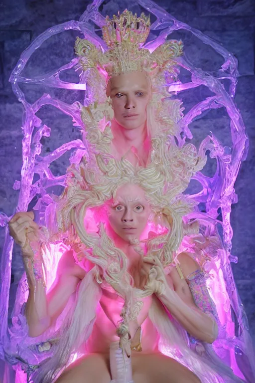 Image similar to full-body rococo and cyberpunk delicate neon crystalline sculpture of ((young muscular golden albino Colombian prince)) as an iridescent humanoid deity wearing ((peach plastic hooded cloak)) (holding a human skull) in a white castle dungeon, reclining, glowing pink face, crown of (pink lasers), large blue diamonds, swirling black silk fabric. futuristic elements. oozing glowing liquid, full-length view. space robots. intricate artwork by caravaggio. Trending on artstation, octane render, cinematic lighting from the right, hyper realism, octane render, 8k, depth of field, 3D