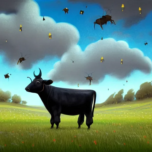 Prompt: a detailed matte landscape painting of a silly looking cow standing in a grassy field wearing a witch hat, cow wearing hat!!!! viewed in profile, fog and flying glowing moths in the background, ultrawide lens, aerial photography, black and blue color scheme with gold highlights, art by paul kidby in a silly and cartoony art style, 8 k, octane render