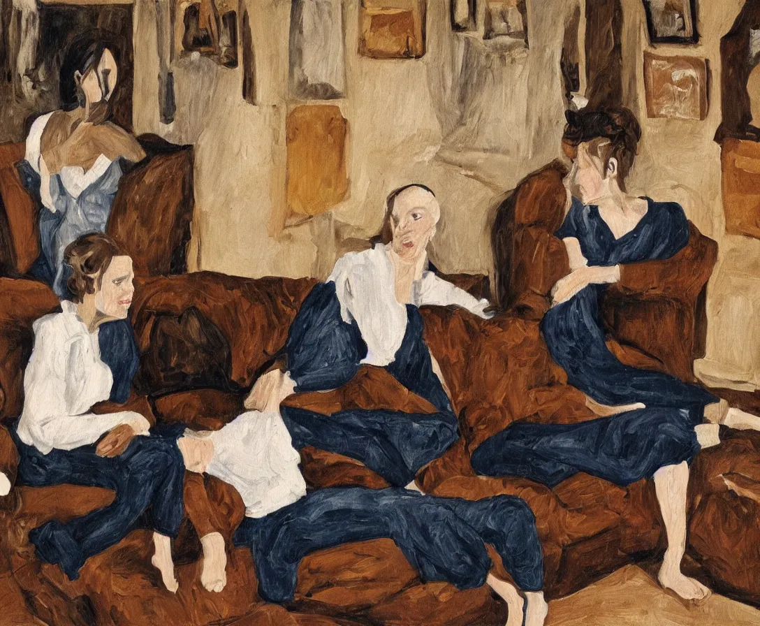 Prompt: two women, in an old english apartment on a brown leather sofa. one is wearing a dark blue sweather, the other a white shirt. brown hair, they are looking into the camera. wide shot. in the style of lucien freud. oil painting.
