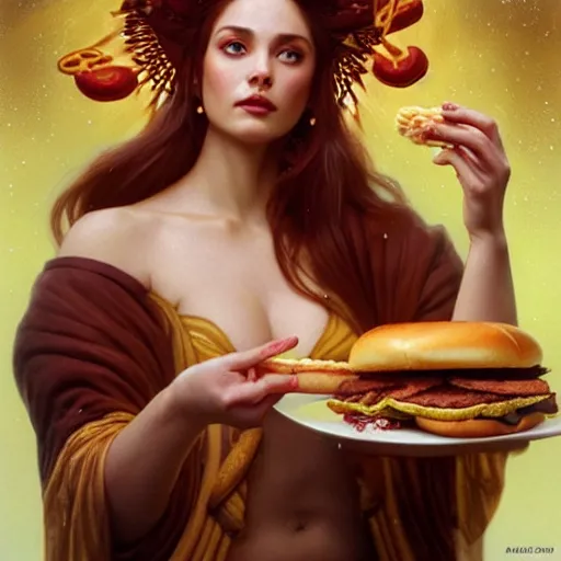 Prompt: portrait of sacred goddess venus eating hamburgers, extra onions and ketchup, luscious patty with sesame seeds, feminine ethereal, handsome, d & d, fantasy, intricate, elegant, highly detailed, digital painting, artstation, concept art, matte, sharp focus, illustration, art by artgerm and greg rutkowski and alphonse mucha