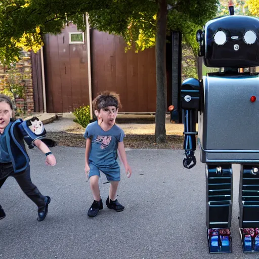 Image similar to in the style of 1960s, A scary robot is chasing after a couple of kids down the ally