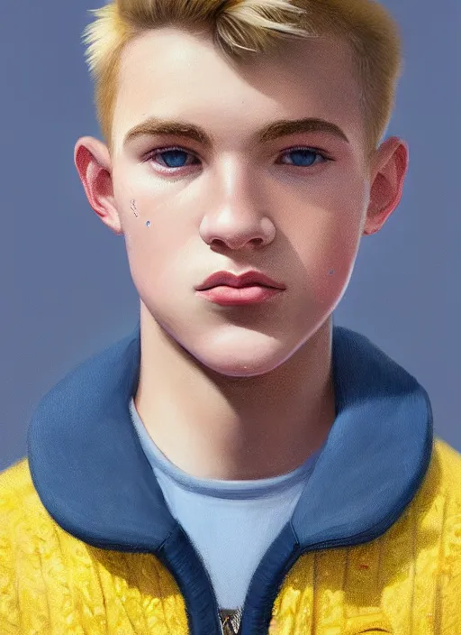 Image similar to portrait of a teenage boy named moose mason, blonde short hair, jock, beefy, square jaw, square facial structure, 1 9 5 0 s, blue varsity jacket, intricate, elegant, glowing lights, highly detailed, digital painting, artstation, concept art, smooth, sharp focus, illustration, art by wlop, mars ravelo and greg rutkowski