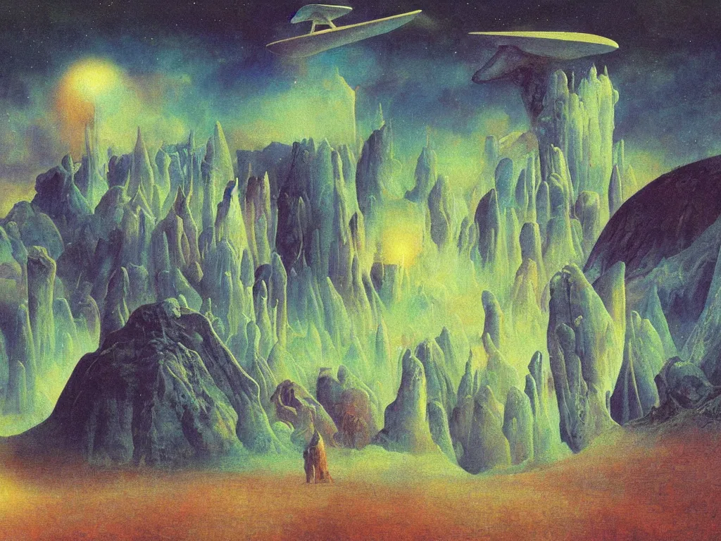 Image similar to study of the psychedelics dream bot mothership over the sublime sacred rock. painting by mikalojus konstantinas ciurlionis, bosch, wayne barlowe, agnes pelton, rene magritte