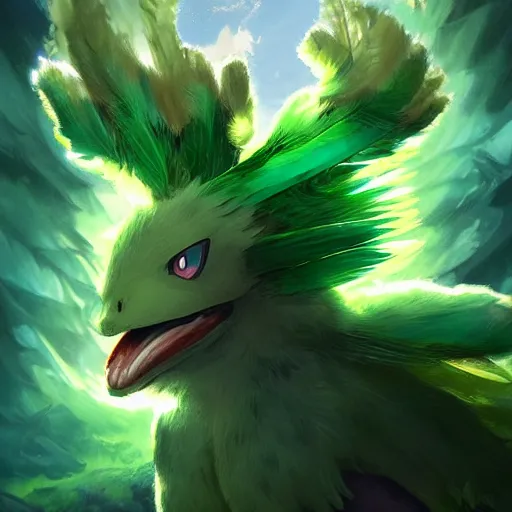 Image similar to a cute beautiful earth type pokemon, green feathers bursting out of his hair, full body shot, highly detailed digital art, 3 d perspective, award - winning illustration, aesthetic, smooth, pokemon style, made by greg rutkowski, with an alien landscape in the background