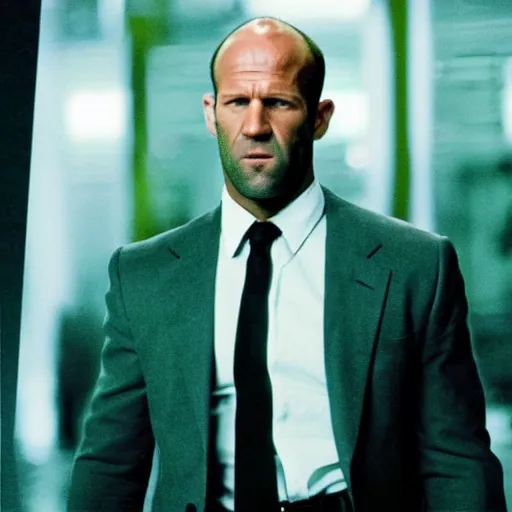 Image similar to film still of jason statham as cop in diehard movie, cinematic screen, middle shot