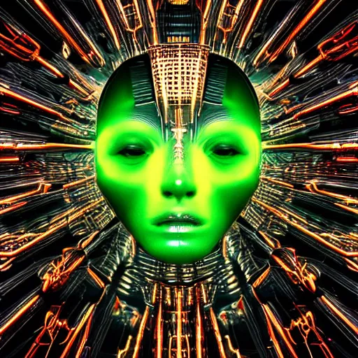 Image similar to an insanely detailed cibernetic artwork of a futuristic artificial intelligence superstar, centered image, perfectly symmetrical alien face, with frames made of detailed fractals, octsne render, 4k, insanely detailed, detailed grid as background, cgi