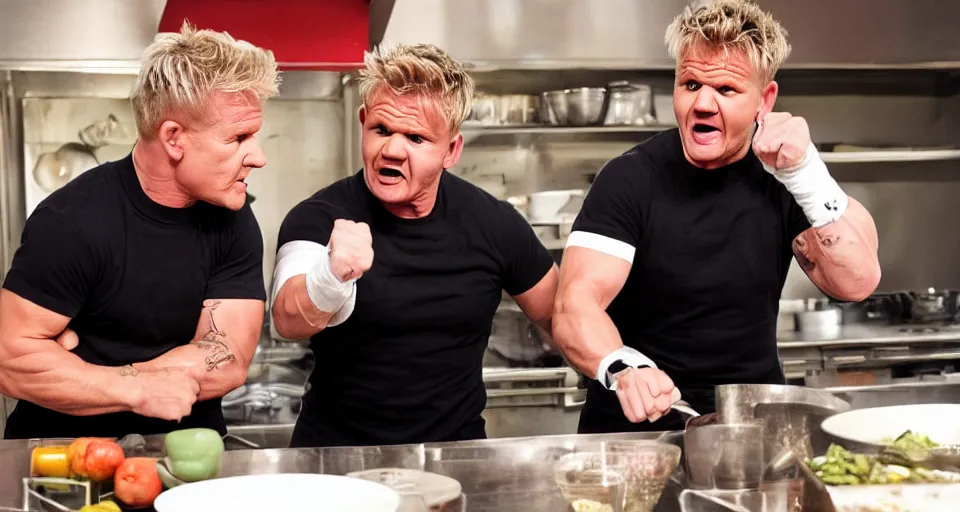 Image similar to photo of angry furious Gordon Ramsay punching Gordon Ramsay at the kitchen