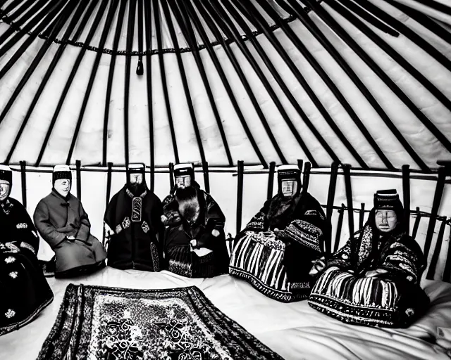 Prompt: tsar nikolai ii seats in yurt with kyrgyz people, black and white photo