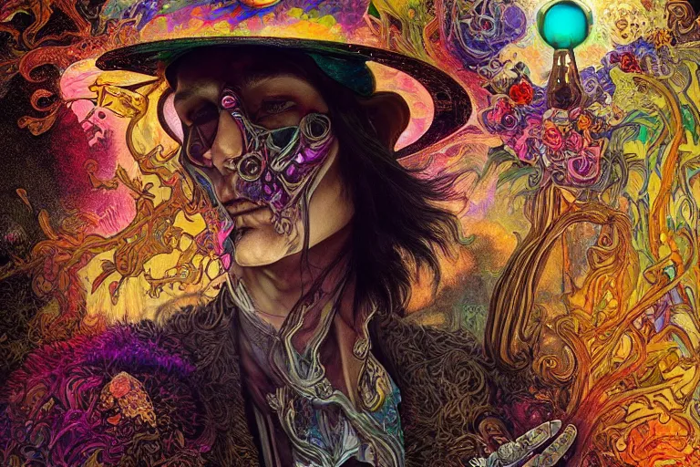 Image similar to An extremely psychedelic celestial undertaker in his black fedora hat, colorful, surreal, dramatic lighting, magic mushrooms, psilocybin, LSD, face, detailed, intricate, elegant, highly detailed, digital painting, artstation, concept art, smooth, sharp focus, illustration, art by Krenz Cushart and Artem Demura and alphonse mucha