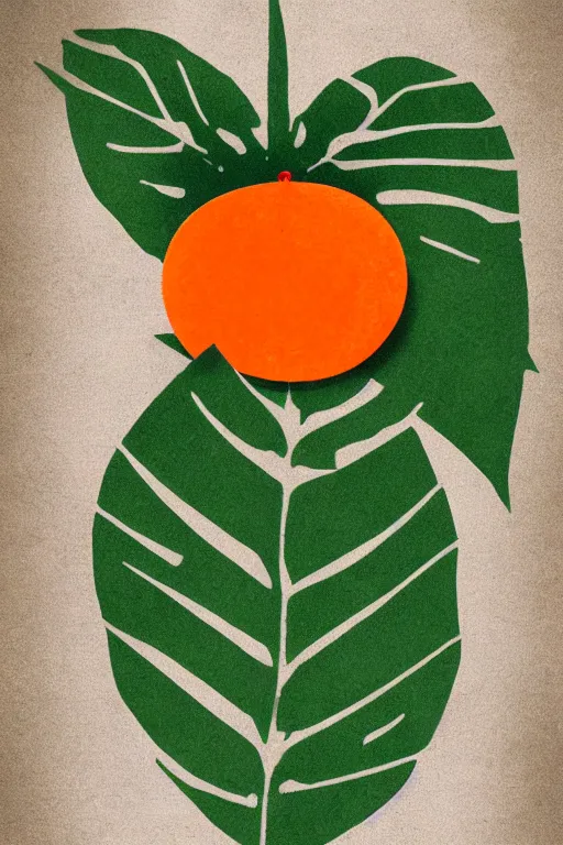 Image similar to minimalist boho style art of an orange with green leaves on white background