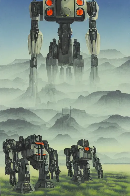 Prompt: giant mecha robot with laser, swamps landscape and pillars by helen lundeberg