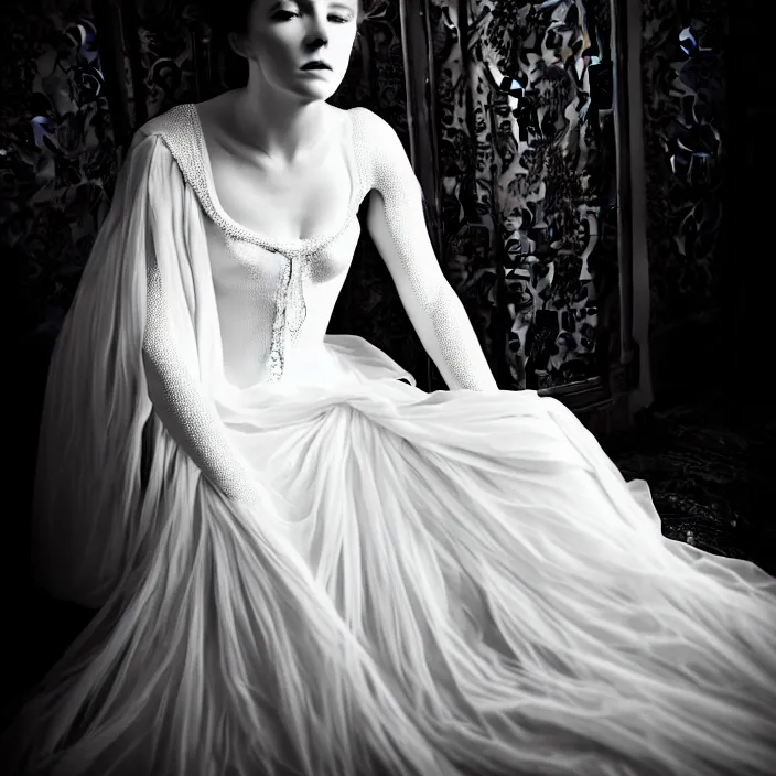 Image similar to portrait of a beautiful woman like a fallen angel, total body dressed in long intricate ornamental white dress, fine art photography by Lindsay Adler, sitting in an hall of an haunted house professional studio lighting, volumetric lighting, dark colors , hyper realistic kodak photography