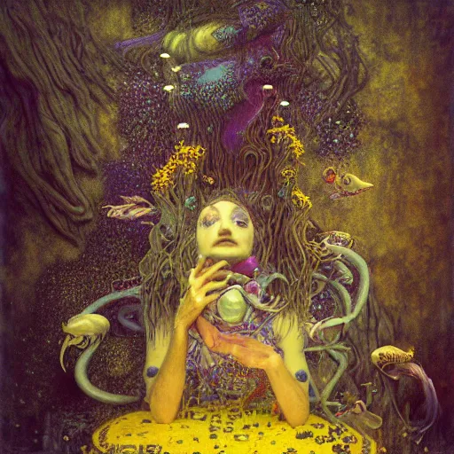 Prompt: wetplate photography of yellow jester playing mystical tunes underwater with one wing hungry souls around by Klimt, Artificial Nightmares drawn by Peter Mohrbacher, Zdzisław Beksiński and thu berchs James Gurney unreal engine octane, Trending on artstation.