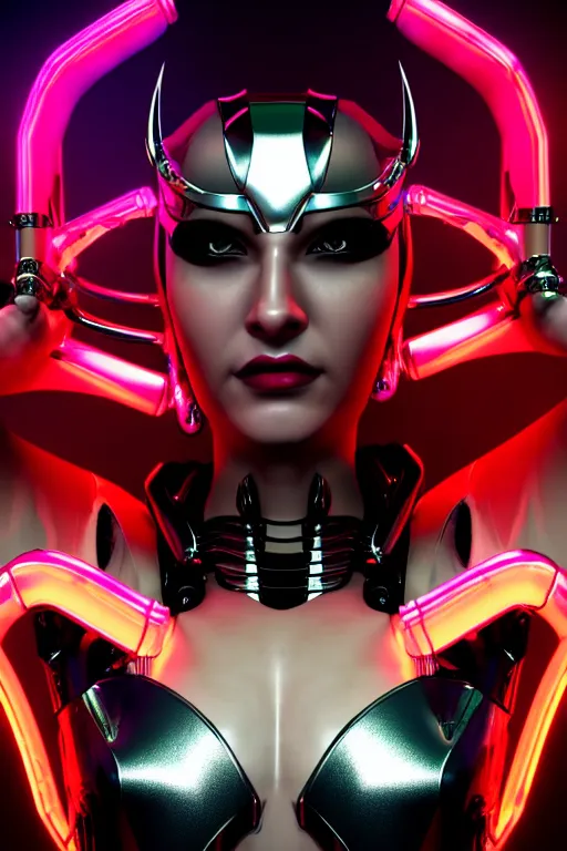 Image similar to beautiful powerful female glossy futuristic cyborg with curved metal Loki horns and chrome motorcycle parts, full body, dark fantasy, neon bar lights, 3d render, octane, 8k, volumetric lighting, hyper-realistic,, diffuse lighting, intricate, highly detailed, life like, photorealistic, digital painting, trending on artstation, smooth, sharp focus