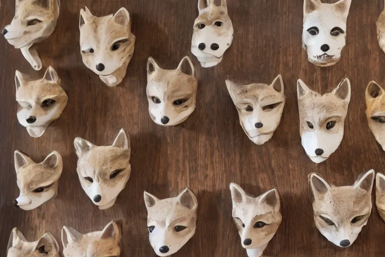 Image similar to Ceramic fox masks hanging in a museum