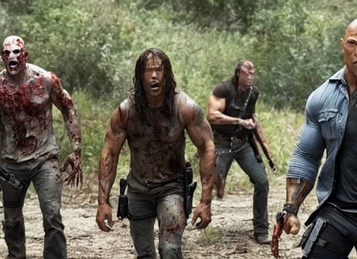 Image similar to film still of dwayne the rock johnson surrounded by zombies in the new walking dead tv series, 4 k