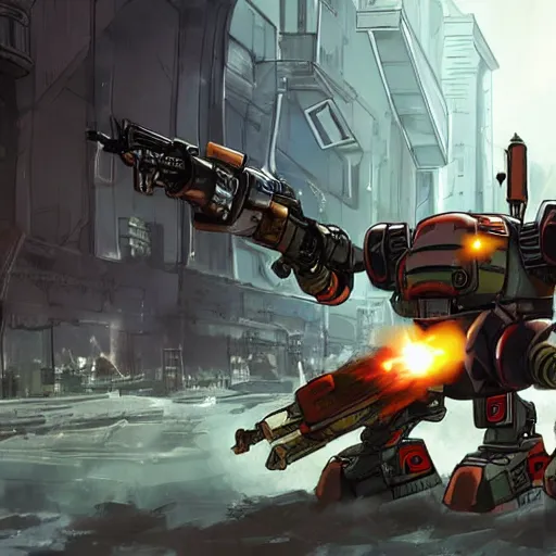 Image similar to agile mech dodging a barrage of rockets, wielding a sword, in a ruined cityscape