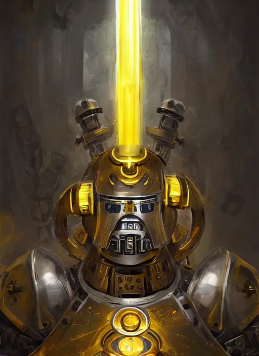 Image similar to dynamic attack position abstract portrait of a intricate glorious holy mechanical warforged character in yellow armor holding a paladin engraved great longsword drawn and carrying a big paladin shield, glowing!!!! eye!!!!!, face in focus, pit droid, epic , trending on ArtStation, masterpiece, cinematic lighting, by Ross Tran and by Greg Rutkowski