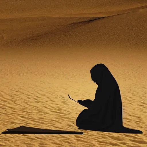 Prompt: a hooded person reading a scroll by the fireplace in the egyptian desert, moody, realistic, calming, night