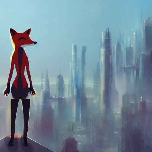 Prompt: an anthropomorphic fox, holding her hands together behind her back staring over a futuristic city from the top of a roof, wide shot, over the shoulder shot, highly coherent, trending on artstation