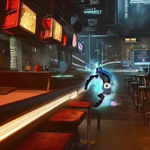 Prompt: in a futuristic cyberpunk city, a cat wearing a backpack sleeps on a barstool at a bar, cgisociety, unreal engine, render, atmospheric,