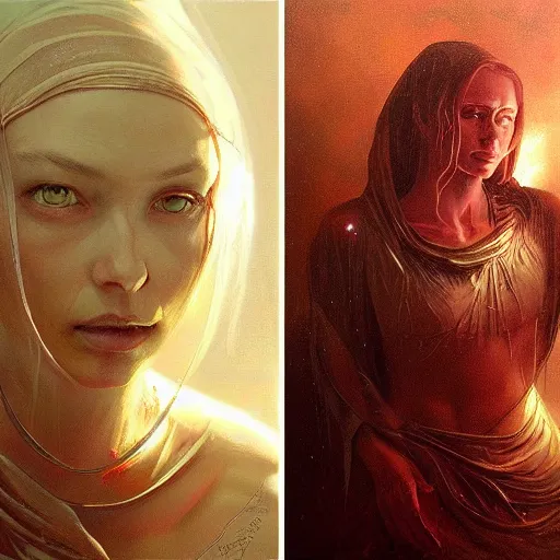 Prompt: a hyperrealistic acrylic on canvas portrait painting of a beautiful alien priestess by Greg Rutkowski, Artgerm and Beksinski. Epic fantasy art. Golden ratio.