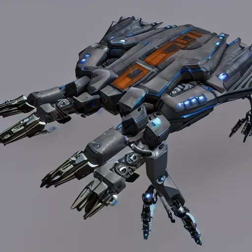 Image similar to hard surface, robotic platform, based on realistic spaceship, 6 claws, symmetric, unreal engine