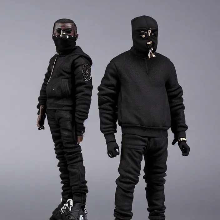 Image similar to kanye west using a black mask with small holes, all black clothes and a black bullet proof vest, a goodsmile figure of kanye west, figurine, detailed product photo