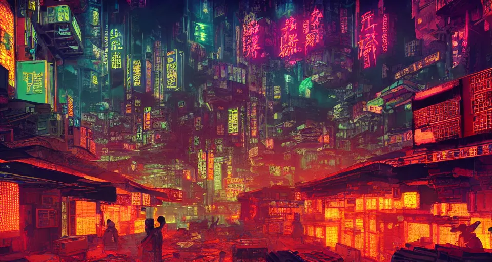 Prompt: Cyberpunk space colony, Kowloon walled city style, Digital art with cyberpunk tones, Luminous neon sign, at night