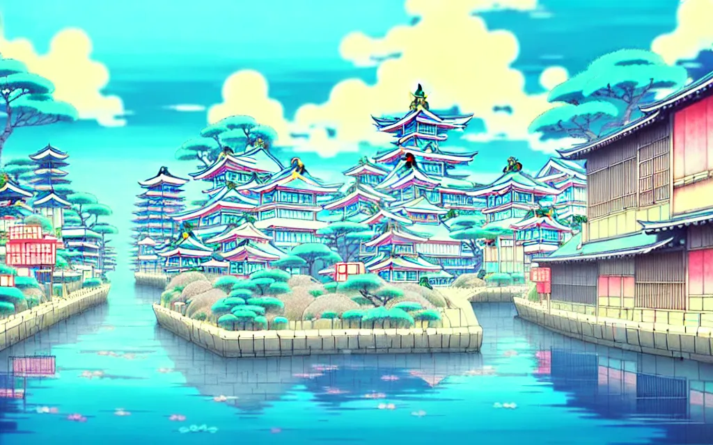 Image similar to a japanese city near the sea, lofi, dreamy, moody, very colorful, anime inspiration, ghibli vibe