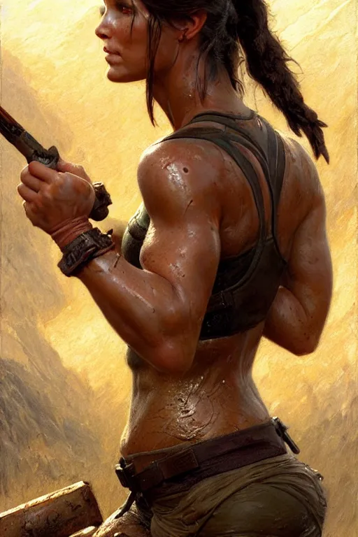 Image similar to muscular sweat lara croft, standing on river, covers with mud exhausted face close up, highly detailed painting by gaston bussiere, craig mullins, j. c. leyendecker 8 k