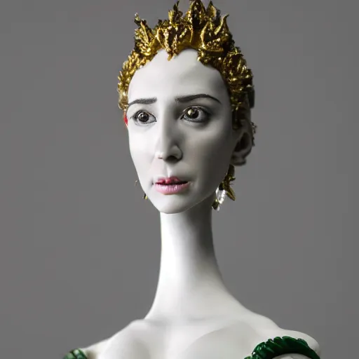 Prompt: photo taken of an epic intricate, ultra detailed, super realistic bust of a young majestic gracious regal beautiful aristocratic female vampire stop motion puppet created by weta workshop, menacing, some zoomed in shots, photorealistic, sharp focus, white wall, extremely cold blueish colour temperature, 3 5 mm, f 1. 4, golden ratio