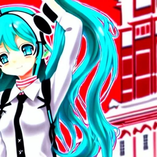 Image similar to hatsune miku on the moscow red square, high detailed anime art, trending on pixiv