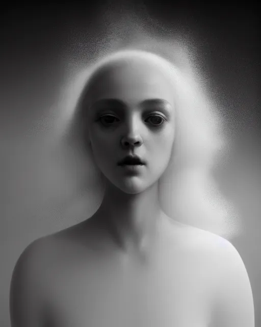 Image similar to monochrome, dreamy, subsurface scattering, white, young beautiful goddess in cosmos with very long white hair floating in air, fluid smoke art, black and white, octane render, dino valls, mark ryden, joe fenton, michal karcz, highly detailed, rim light, art, cinematic lighting, very coherent, hyper realism, 8 k