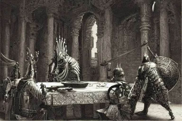 Image similar to highly detailed picture of open book on the table, the knight emerges from the open page of the book, the knight emerges from the open page of the book, don quixote, cinematic romantic magical masterpiece, by gene wolfe, highly detailed painting by gustave dore