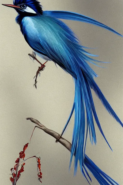 Prompt: Ethereal Asian Paradise Flycatcher bird, intricate detail, ornate, conceptual art, soft light, dynamic, art by artgerm