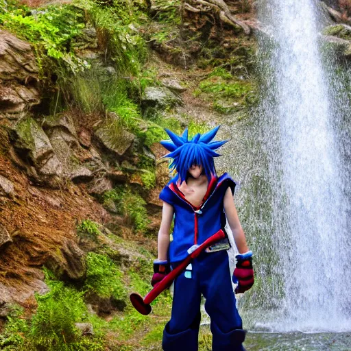 Image similar to kingdom hearts sora cosplay near waterfall low angle 85mm