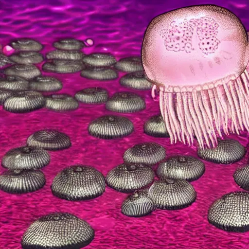 Prompt: pink jellyfish hits Sponge Bob with a metal sieve