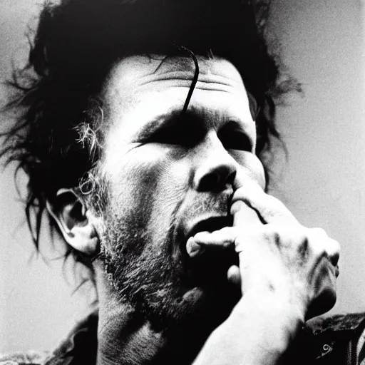 Image similar to tom waits gnawing on a plank of wood, black and white photograph