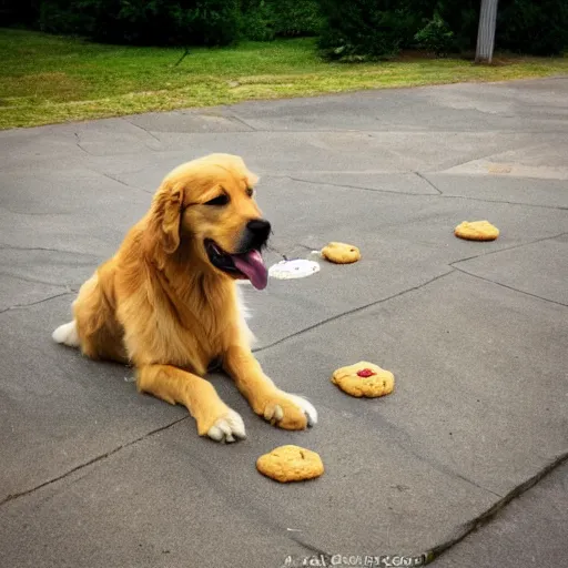 Prompt: a lonely golden retriever staring at a pile of cookies on the ground