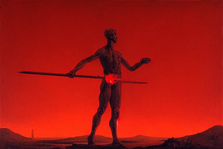 Image similar to only with red, a red melted apollo with a laurel wreath and a flaming sword announce the win, athens in the background, in the style of beksinski, part by hopper, part by rodcenko, part by hofbauer, intricate composition, red by caravaggio, insanely quality, highly detailed, masterpiece, red light, artstation