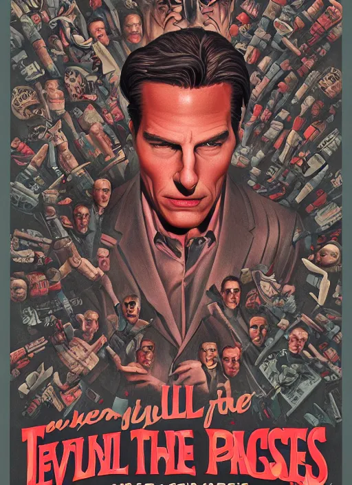 Image similar to evil beings are puppetmasters, pull the strings into the mind of tom cruise, they reach into his mind, twin peaks poster art, from scene from twin peaks, by michael whelan, artgerm, retro, nostalgic, old fashioned