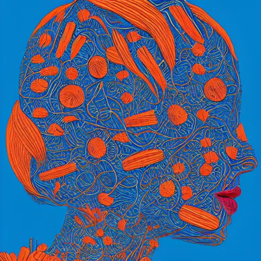 Image similar to a beautiful head of a woman partially made of carrots and blueberries, an ultrafine detailed illustration by james jean, intricate linework, bright colors, behance contest winner, vanitas, angular, altermodern, unreal engine 5 highly rendered, global illumination, radiant light, detailed and intricate environment