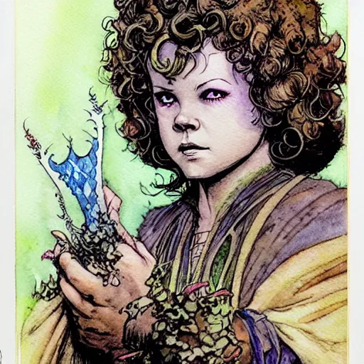 Prompt: a realistic and atmospheric watercolour fantasy character concept art portrait of shirley temple as a druidic warrior wizard looking at the camera with an intelligent gaze by rebecca guay, michael kaluta, charles vess and jean moebius giraud