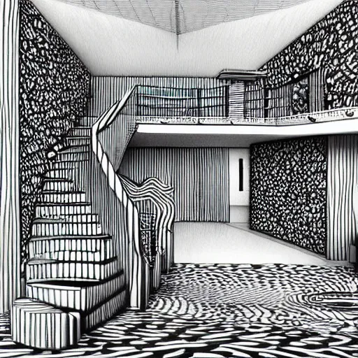 Prompt: a drawing of a room with a staircase, a computer rendering by howard arkley, cg society contest winner, psychedelic art, isometric, voxel art, vaporwave