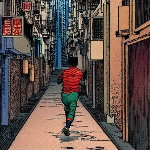 Image similar to a man running down an alley in hong kong, art by moebius